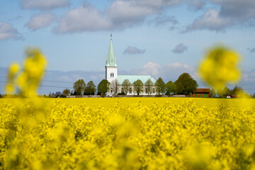 Sodra Akarps church (Södra Åkarps kyrka) is built 1888 and located in Vellinge, Sweden. Selective focus.