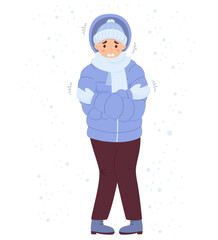 Unhappy man freezing wearing winter clothes under snow and shivering. Cartoon flat vector illustration. Winter season and suffering of low minus degrees temperature