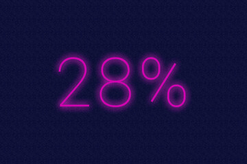 28% percent logo. twenty-eight percent neon sign. Number twenty-eight on dark purple background. 2d image