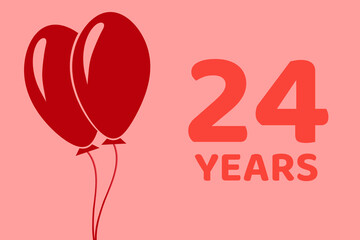 24 years logo. Illustration for celebration anniversary. Concept 24 Birthday. twenty-four years. Balls on pink background. Inscription 24 symbolizes birthday celebrations. twenty-four anniversary
