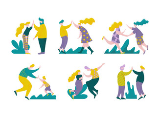 People Character Giving High Five Interacting with Each Other Vector Set