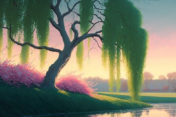 Beautiful Weeping Willow Scenery. Fantasy Landscape. Water colour. romantic and lovely style. illustration art. Digital painting. Generative AI.	