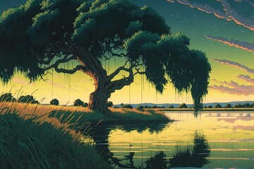 Beautiful Weeping Willow Scenery. Fantasy Landscape. Water colour. romantic and lovely style. illustration art. Digital painting. Generative AI.	 - obrazy, fototapety, plakaty
