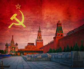 The Kremlin and Red Square in Moscow on the background of the USSR flag. Historical background on...