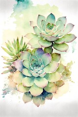 Watercolor painting of a succulent cactus. Generative AI