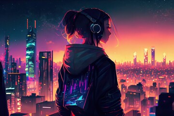 Naklejka premium anime girl with headset vibe to music , cyberpunk, steampunk, sci-fi, fantasy