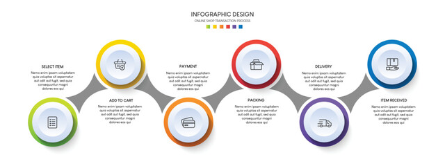 Process of online shopping with 6 steps. Steps business timeline process infographic template