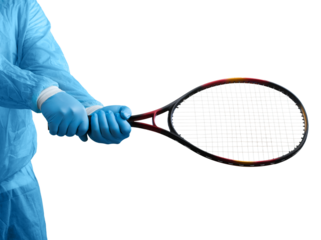 Coronavirus concept. Medical hand in gloves holds rocket.