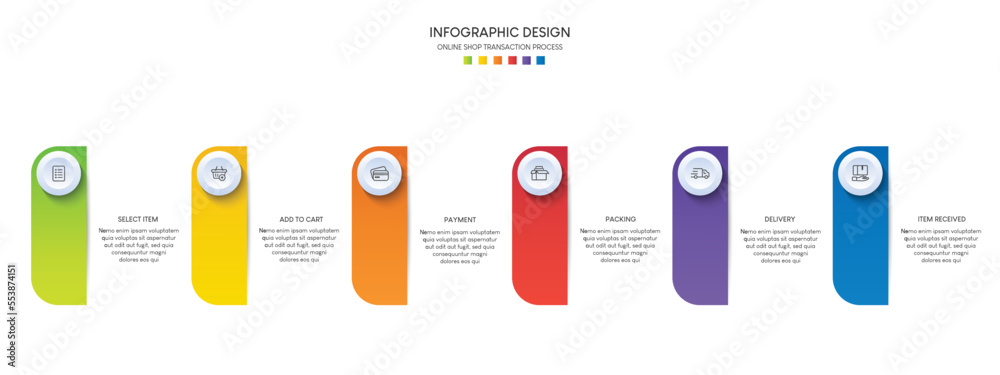 Poster process of online shopping with 6 steps. steps business timeline process infographic template