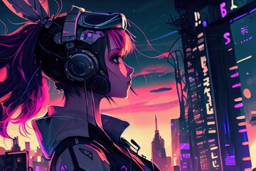 anime girl with headset vibe to music , cyberpunk, steampunk, sci-fi, fantasy