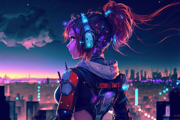 Fototapeta premium anime girl with headset vibe to music , cyberpunk, steampunk, sci-fi, fantasy