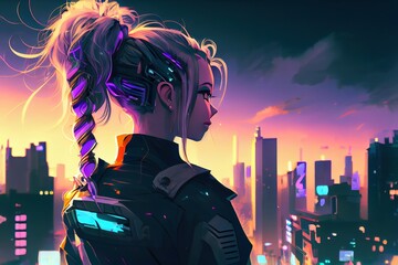 Fototapeta premium anime girl with headset vibe to music , cyberpunk, steampunk, sci-fi, fantasy
