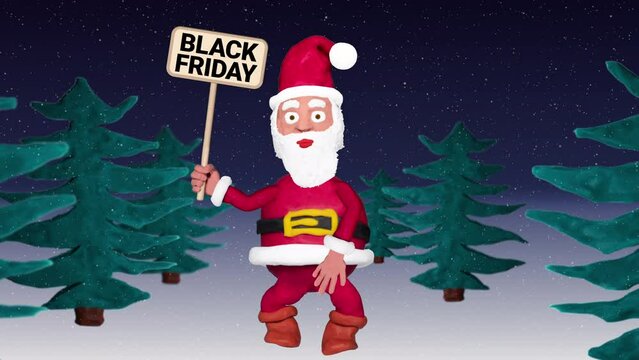 Seamless looping animation of a plasticine Santa Claus with a Black Friday sign walking through a winter landscape including green screen and luma matte 