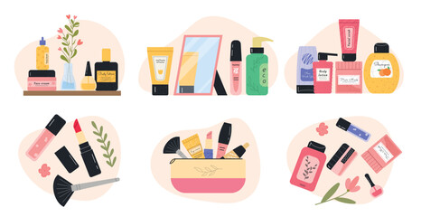 Set of cosmetic products. Collection of graphic elements for site. Lipstick, varnishes and gels. Natural and organic products, skincare. Cartoon flat vector illustrations isolated on white background