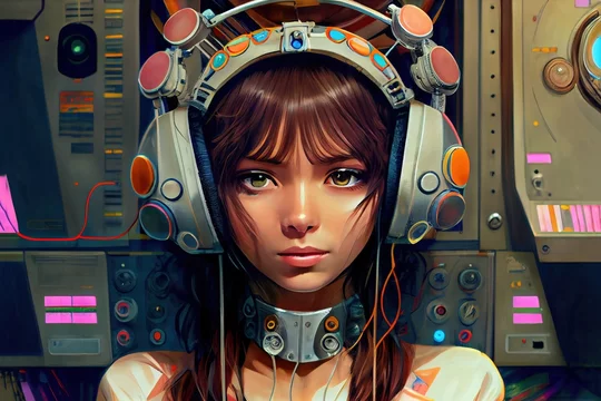 anime girl with headset vibe to music , cyberpunk, steampunk, sci-fi,  fantasy Stock Illustration