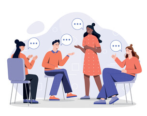 Concept of discussion. Man and women discussing solution to problem. Teamwork and brainstorming. Collaboration and cooperation, interaction. Poster or banner. Cartoon flat vector illustration