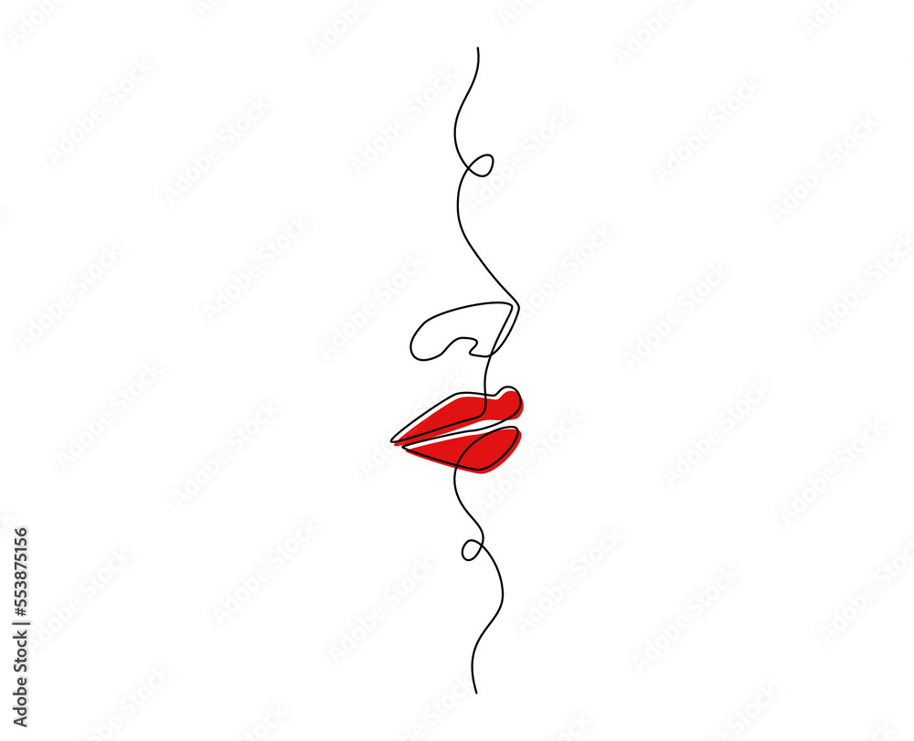 Poster one continuous line drawing of lips with red lipstick. abstract face portrait of makeup in simple li