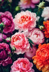 Fototapeta premium Beautiful bouquet of flowers in reds yellows, pinks and purples. generative ai