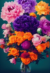 Fototapeta premium Beautiful bouquet of flowers in reds yellows, pinks and purples. generative ai