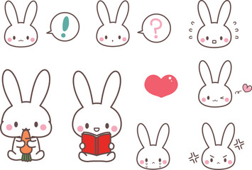 かわいい白うさぎ表情いっぱい・読書・人参・びっくり・はてな・ウインク・喜怒哀楽・アイコン動画素材に