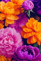 Obraz premium Beautiful bouquet of flowers in reds yellows, pinks and purples. generative ai