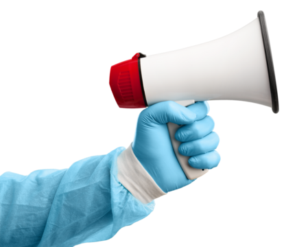 Coronavirus concept. Medical hand in golves with speakerphone