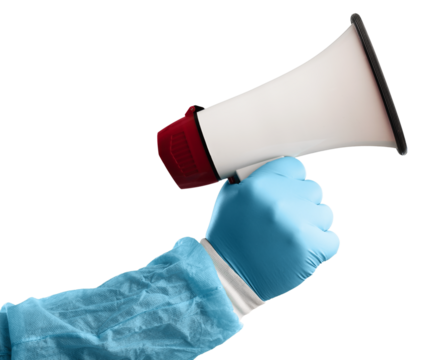 Coronavirus concept. Medical hand in golves with speakerphone