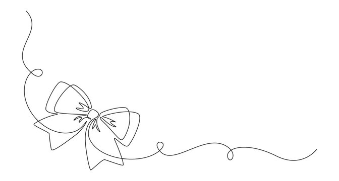 One continuous line drawing of gift ribbon bow. Christmas and birthday present wrap in simple linear style. Concept of holiday and celebration in editable stroke. Thin vector illustration