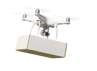 Transparent PNG UAV Quadcopter Drone Flying In Air Carrying Delivery Package.