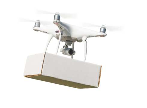Transparent PNG UAV Quadcopter Drone Flying In Air Carrying Delivery Package. - Powered by Adobe