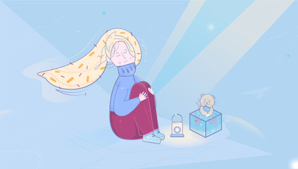 Vector sitting girl, cat with box present and lighting candlestick between them. Can be used as a greeting card for any event.