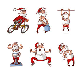 Santa Claus in Red Pants and Tank Top Doing Sport Vector Set