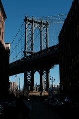 New York City Brooklyn Dumbo area red building and Manhattan Bridge