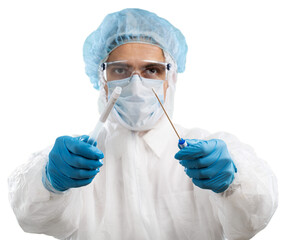Medical healthcare technologist holding COVID-19 swab kit, wearing white protective suit and mask