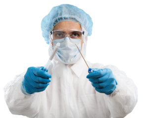 Medical healthcare technologist holding COVID-19 swab kit, wearing white protective suit and mask