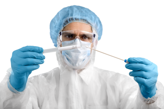 Medical healthcare technologist holding COVID-19 swab kit, wearing white protective suit and mask