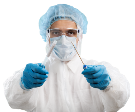 Medical healthcare technologist holding COVID-19 swab kit, wearing white protective suit and mask