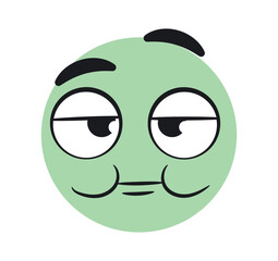 Funny embarrassed emoticon. Green character looks suspicious. Sticker for messengers and social networks for online communication. Feelings and facial expressions. Cartoon flat vector illustration