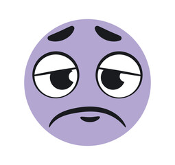 Funny sad emoticon. Purple character sad and looks down. Depression and frustration. Communication and interaction on Internet. Feelings and emotions concept. Cartoon flat vector illustration