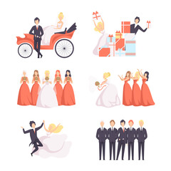 Newlyweds Couple as Just Married Male and Female in Wedding Dress and Suit Vector Set