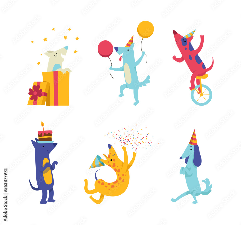 Sticker Cute Doggy Character in Birthday Hat Celebrating Holiday Vector Set