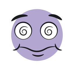 Obraz premium Funny hypnotized emoticon. Surprised and confused purple character, uncertainty. Sticker for social networks and messengers. Facial expressions and moods, feelings. Cartoon flat vector illustration