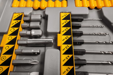 Screwdriver bit set in the toolbox, closeup