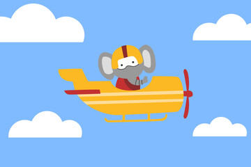 Vector illustration of little elephant pilot on airplane concept design