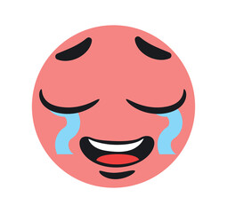 Funny crying emoticon. Pink character with tears, sadness and frustration. Depression and pessimism. Negative emotions and bad mood, facial expression, feelings. Cartoon flat vector illustration