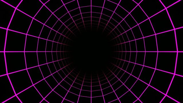 Camera dolly fly through Sci fi circle purple neon tunnel. Time travel or metaverse space and time metaphor. 3d render cgi video