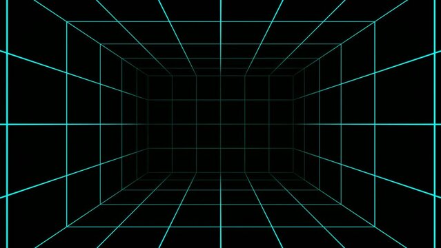 Camera dolly fly through Sci fi square cyan neon tunnel. Time travel or metaverse space and time metaphor. 3d render cgi video