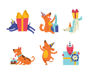 Cute Doggy Character in Birthday Hat Celebrating Holiday Vector Set