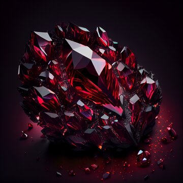 Shiny Crystal ruby gem isolated on black background. Natural precious mineral stone artistic illustration. Decorative Crystal ruby gemstone square realistic poster.
