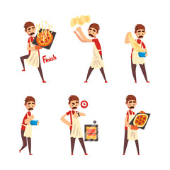 Moustached Male Pizza Maker in Apron Preparing Italian Pizza Kneading Dough Vector Set